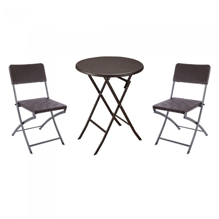 Set mobila pentru balcon RAKI, masa pliabila D60xh74cm si 2 scaune pliabile 57x44xh80cm, aspect ratan, maro, plastic/metal