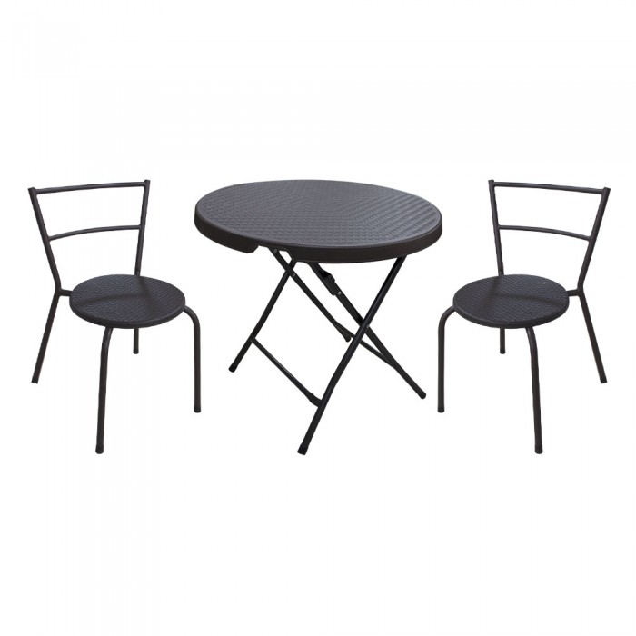 Set mobila pentru balcon RAKI, masa pliabila D80xh74cm si 2 scaune 53x49xh76cm, aspect ratan, maro, plastic/metal