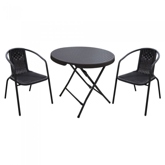 Set mobila pentru balcon RAKI, masa pliabila D80xh74cm si 2 scaune Campman 54x59xh73cm, aspect ratan, maro, plastic/metal