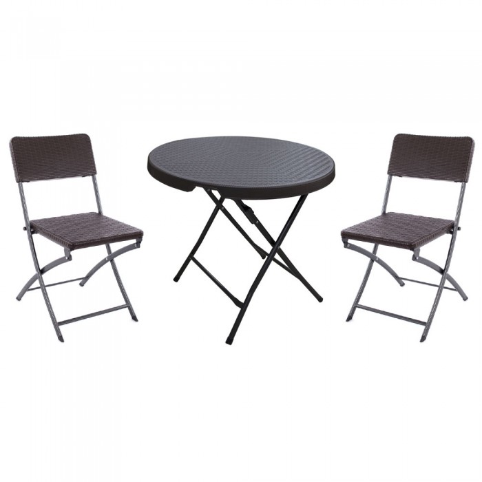 Set mobila pentru balcon RAKI, masa pliabila D80xh74cm si 2 scaune pliabile 57x44xh80cm, aspect ratan, maro, plastic/metal