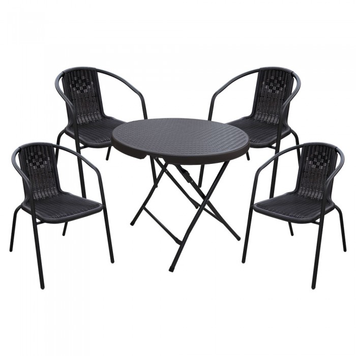 Set mobila pentru balcon RAKI, masa pliabila D80xh74cm si 4 scaune Campman 54x59xh73cm, aspect ratan, maro, plastic/metal