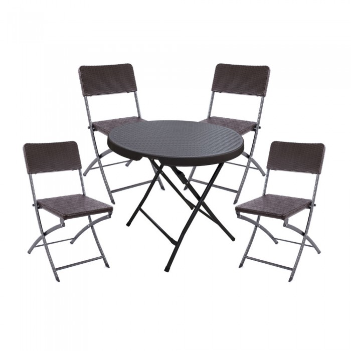 Set mobila pentru balcon RAKI, masa pliabila D80xh74cm si 4 scaune pliabile 57x44xh80cm, aspect ratan, maro, plastic/metal