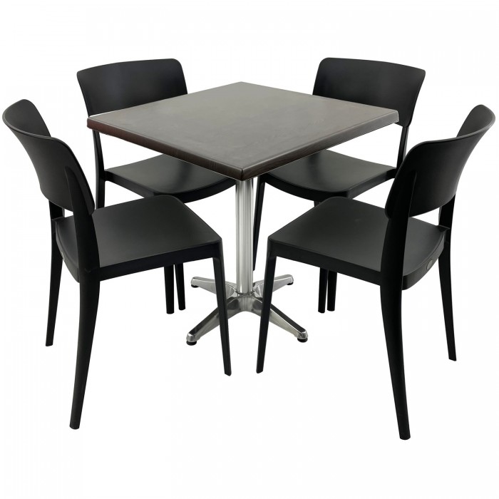 Set mobila terasa/cafenea RAKI, masa patrata 70x70cm cu blat Werzalit New Wenge si baza aluminiu, 4 scaune Pano negre