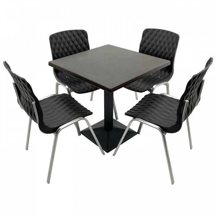Set mobila terasa/cafenea RAKI, masa patrata 80x80cm cu blat Werzalit New Wenge si baza din metal neagra, 4 scaune Royal negre