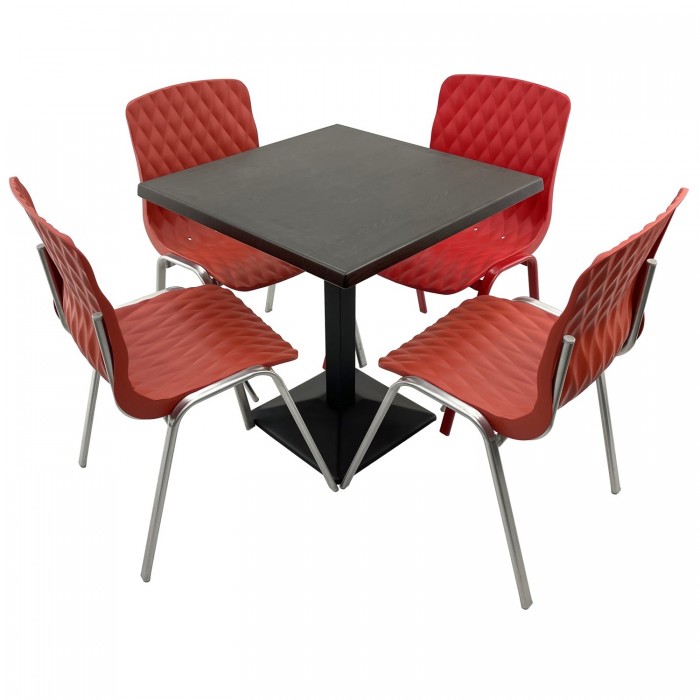 Set mobila terasa/cafenea RAKI, masa patrata 80x80cm cu blat Werzalit New Wenge si baza din metal neagra, 4 scaune Royal rosii