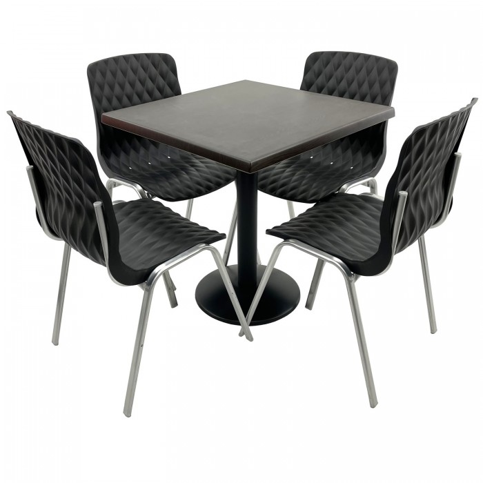 Set mobila terasa/cafenea RAKI, masa patrata 80x80cm cu blat Werzalit New Wenge si baza metalica neagra, 4 scaune Royal negre