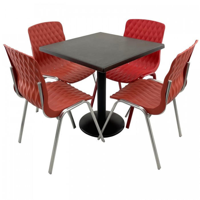 Set mobila terasa/cafenea RAKI, masa patrata 80x80cm cu blat Werzalit New Wenge si baza metalica neagra, 4 scaune Royal rosii