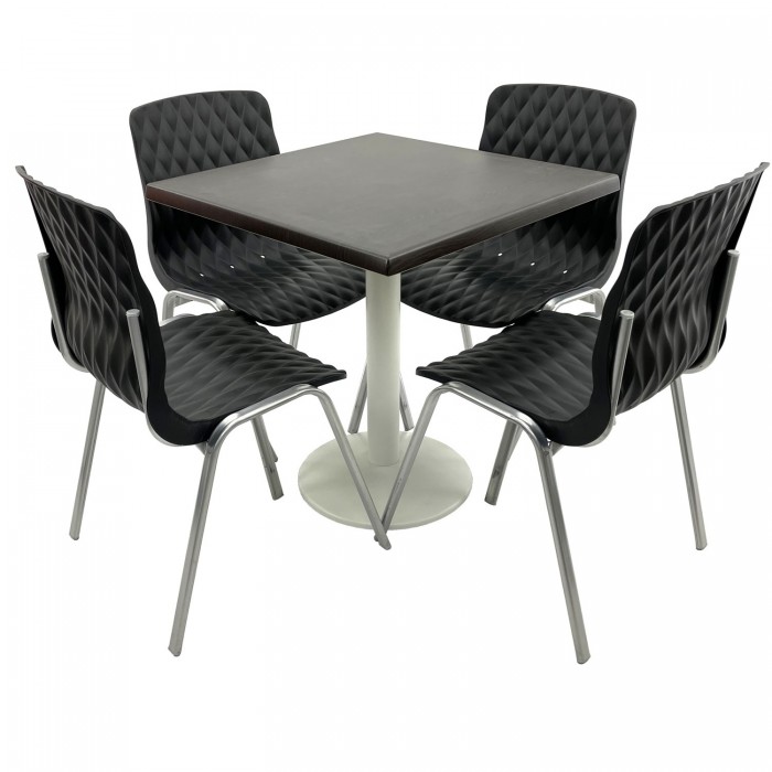 Set mobila terasa/cafenea RAKI, masa patrata 80x80cm cu blat Werzalit New Wenge si picior metalic alb, 4 scaune Royal negre