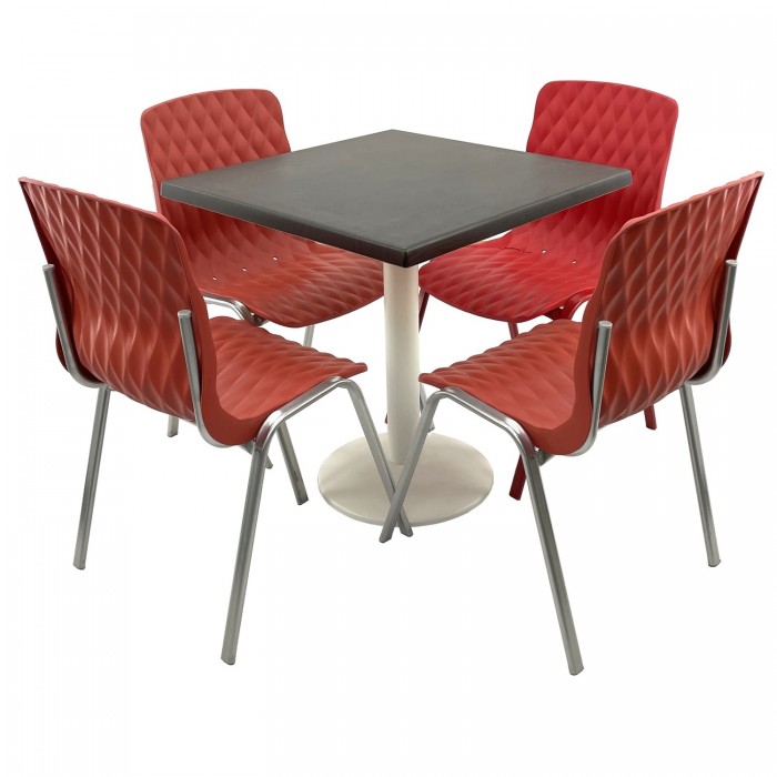 Set mobila terasa/cafenea RAKI, masa patrata 80x80cm cu blat Werzalit New Wenge si picior metalic alb, 4 scaune Royal rosii