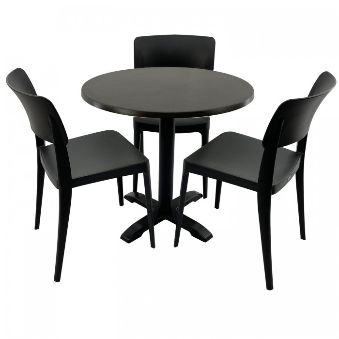 Set mobila terasa/cafenea RAKI, masa rotunda D70cm cu blat Werzalit New Wenge si picior din metal negru, 3 scaune Pano negre