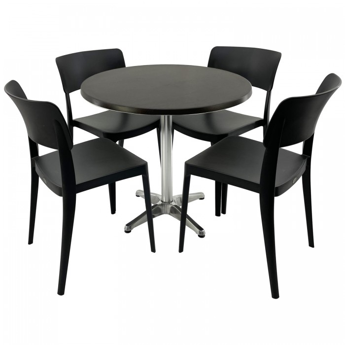 Set mobila terasa/cafenea RAKI, masa rotunda D80cm cu blat Werzalit New Wenge si baza aluminiu, 4 scaune Pano negre