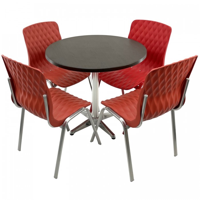 Set mobila terasa/cafenea RAKI, masa rotunda D80cm cu blat Werzalit New Wenge si baza aluminiu, 4 scaune Royal rosii