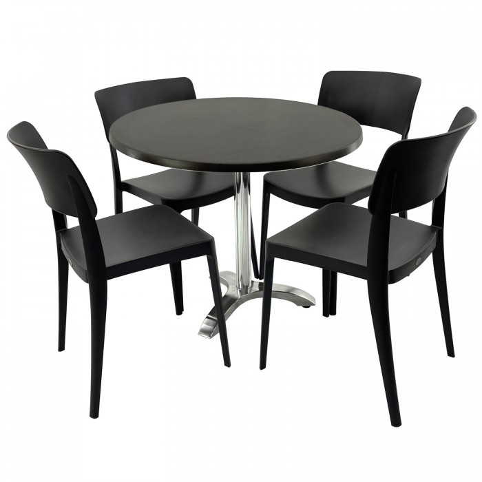 Set mobila terasa/cafenea RAKI, masa rotunda D80cm cu blat Werzalit New Wenge si picior aluminiu, 4 scaune Pano negre