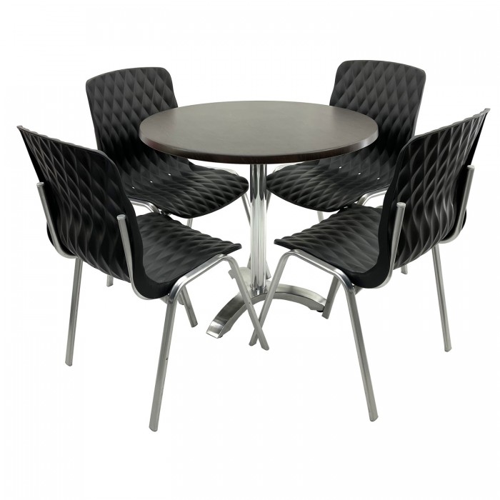 Set mobila terasa/cafenea RAKI, masa rotunda D80cm cu blat Werzalit New Wenge si picior aluminiu, 4 scaune Royal negre