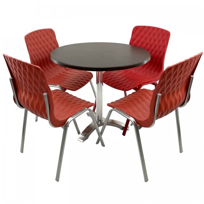 Set mobila terasa/cafenea RAKI, masa rotunda D80cm cu blat Werzalit New Wenge si picior aluminiu, 4 scaune Royal rosii