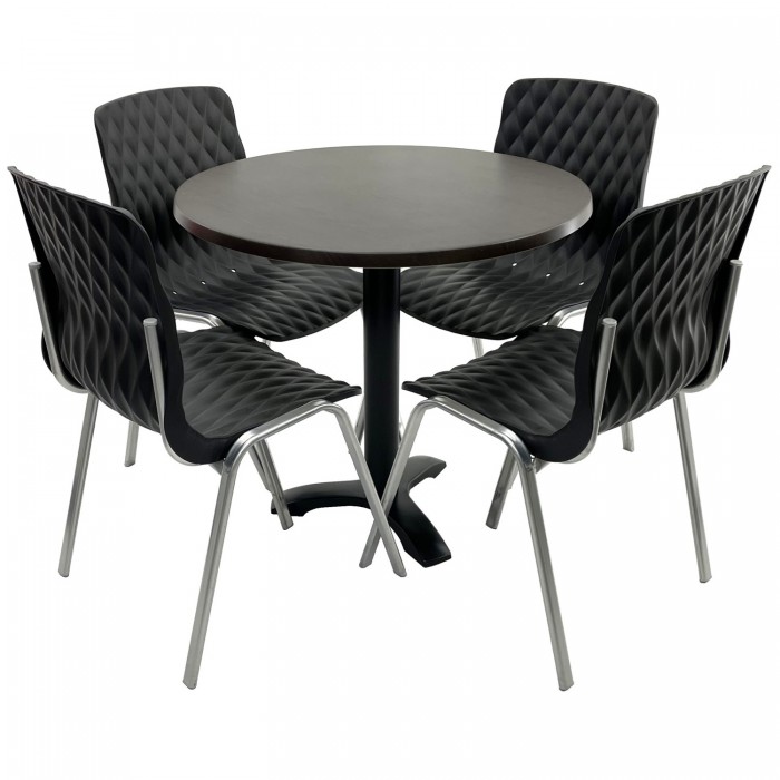 Set mobila terasa/cafenea RAKI, masa rotunda D80cm cu blat Werzalit New Wenge si picior metalic negru, 4 scaune Royal negre
