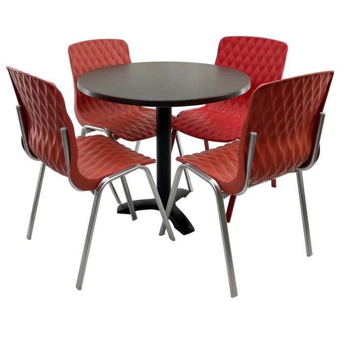 Set mobila terasa/cafenea RAKI, masa rotunda D80cm cu blat Werzalit New Wenge si picior metalic negru, 4 scaune Royal rosii