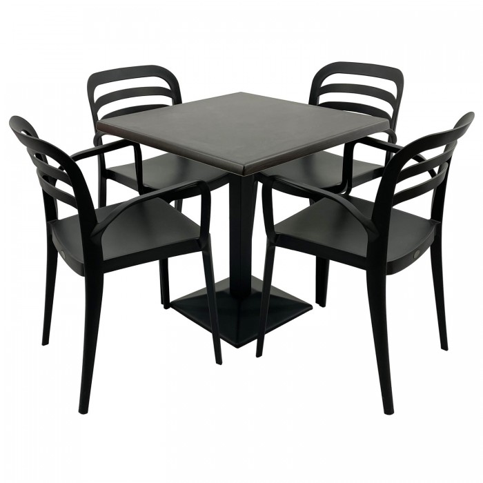 Set mobila terasa RAKI, masa patrata 80x80cm cu blat Werzalit New Wenge si baza din metal neagra, 4 scaune Aspendos negre