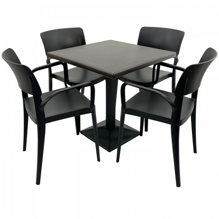 Set mobila terasa RAKI, masa patrata 80x80cm cu blat Werzalit New Wenge si baza din metal neagra, 4 scaune cu brate Panora negre