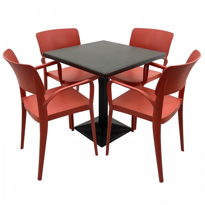 Set mobila terasa RAKI, masa patrata 80x80cm cu blat Werzalit New Wenge si baza din metal neagra, 4 scaune cu brate Panora rosii