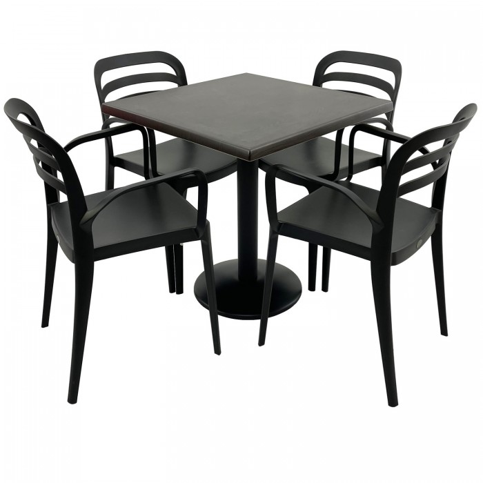 Set mobila terasa RAKI, masa patrata 80x80cm cu blat Werzalit New Wenge si baza metalica neagra, 4 scaune Aspendos negre