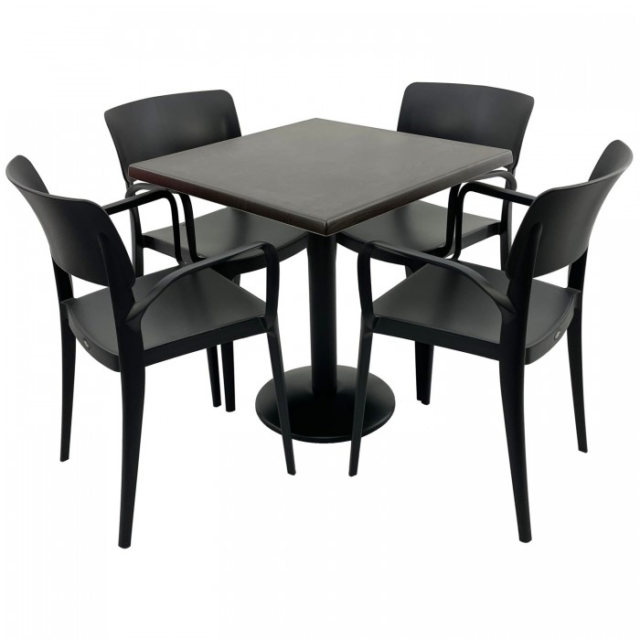 Set mobila terasa RAKI, masa patrata 80x80cm cu blat Werzalit New Wenge si baza metalica neagra, 4 scaune cu brate Panora negre