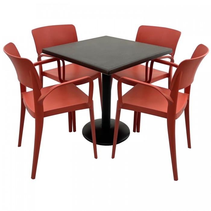 Set mobila terasa RAKI, masa patrata 80x80cm cu blat Werzalit New Wenge si baza metalica neagra, 4 scaune cu brate Panora rosii