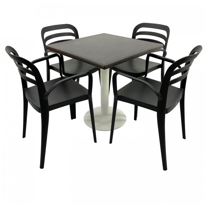 Set mobila terasa RAKI, masa patrata 80x80cm cu blat Werzalit New Wenge si picior metalic alb, 4 scaune cu brate Aspendos negre