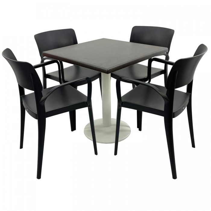 Set mobila terasa RAKI, masa patrata 80x80cm cu blat Werzalit New Wenge si picior metalic alb, 4 scaune cu brate Panora negre