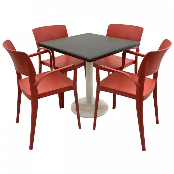 Set mobila terasa RAKI, masa patrata 80x80cm cu blat Werzalit New Wenge si picior metalic alb, 4 scaune cu brate Panora rosii