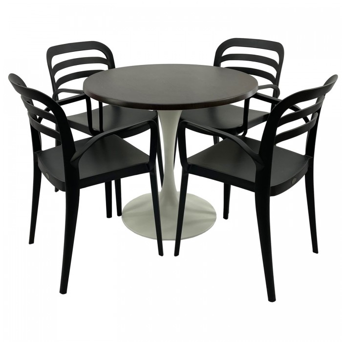 Set mobila terasa RAKI, masa rotunda D80cm cu blat Werzalit New Wenge si baza metalica alba, 4 scaune cu brate Aspendos negre