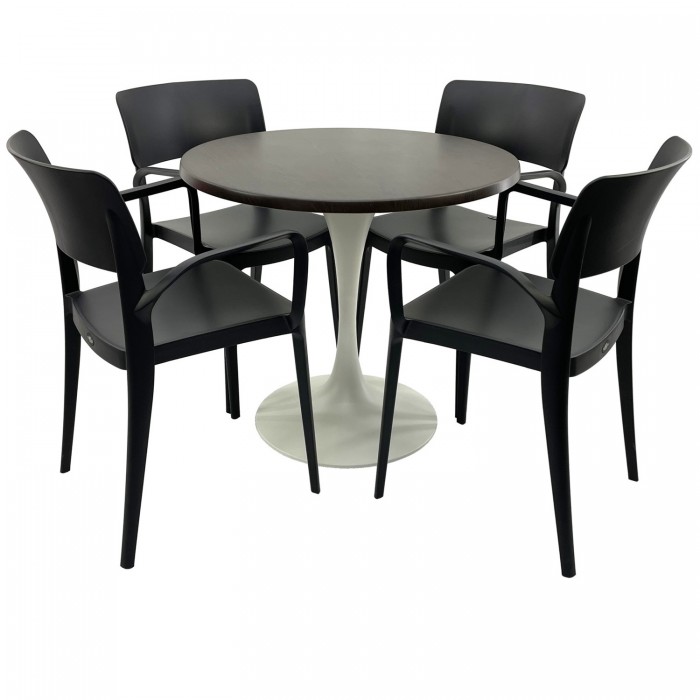 Set mobila terasa RAKI, masa rotunda D80cm cu blat Werzalit New Wenge si baza metalica alba, 4 scaune cu brate Panora negre