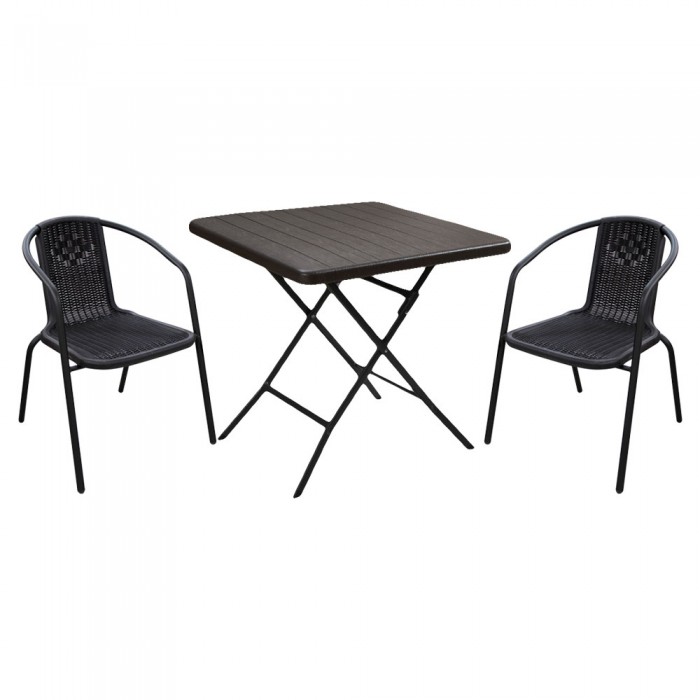 Set mobilier balcon RAKI, masa pliabila 78x78xh74cm aspect lemn si 2 scaune Campman 54x59xh73cm aspect ratan, maro, plastic/metal