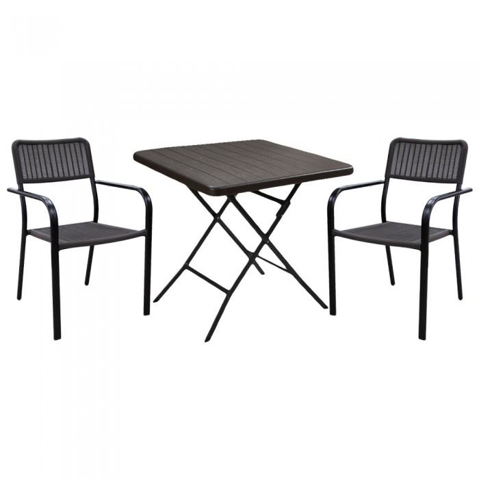Set mobilier balcon RAKI, masa pliabila 78x78xh74cm aspect lemn si 2 scaune cu brate Campman 55,5x54xh80cm, maro, plastic/metal