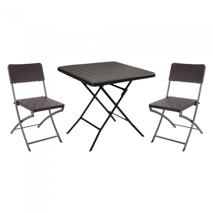 Set mobilier balcon RAKI, masa pliabila 78x78xh74cm aspect lemn si 2 scaune pliabile 57x44xh80cm aspect ratan, maro, plastic/metal