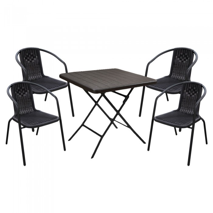Set mobilier balcon RAKI, masa pliabila 78x78xh74cm aspect lemn si 4 scaune Campman 54x59xh73cm aspect ratan, maro, plastic/metal