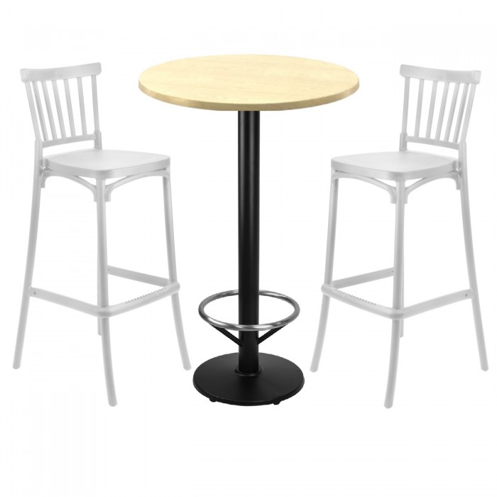 Set mobilier bar RAKI MAPLE, 2 scaune Arles albe si masa inalta rotunda D60xh112cm cu blat werzalit si baza neagra metalica