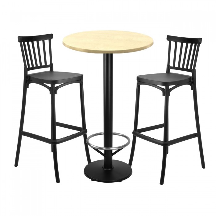 Set mobilier bar RAKI MAPLE, 2 scaune Arles negre si masa inalta rotunda D60xh112cm cu blat werzalit si baza neagra metalica