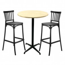 Set mobilier bar RAKI MAPLE, 2 scaune Arles negre si masa inalta rotunda D70xh107cm cu blat werzalit si picior metalic negru