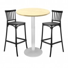 Set mobilier bar RAKI MAPLE, 2 scaune Arles negre si masa inalta rotunda D70xh112cm cu blat werzalit si baza metalica alba