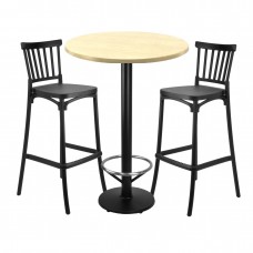 Set mobilier bar RAKI MAPLE, 2 scaune Arles negre si masa inalta rotunda D70xh112cm cu blat werzalit si baza neagra metalica