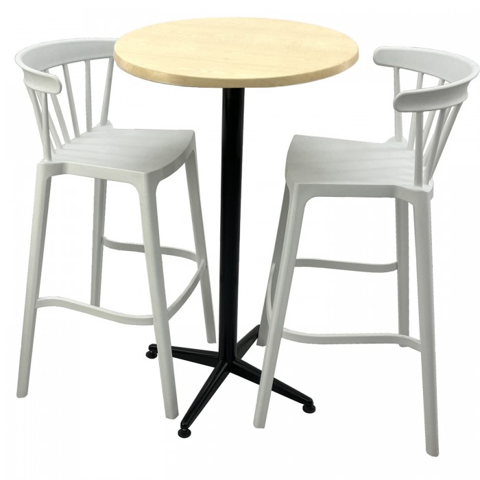 Set mobilier bar RAKI MAPLE, 2 scaune Aspen albe si masa inalta rotunda D60xh107cm cu blat werzalit si picior metalic negru