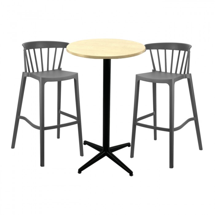 Set mobilier bar RAKI MAPLE, 2 scaune Aspen gri si masa inalta rotunda D60xh107cm cu blat werzalit si picior metalic negru
