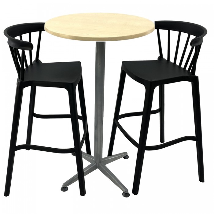 Set mobilier bar RAKI MAPLE, 2 scaune Aspen negre si masa inalta rotunda D60xh107cm cu blat werzalit si picior metalic clasic