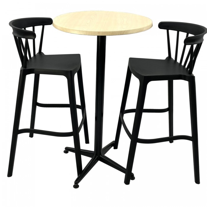 Set mobilier bar RAKI MAPLE, 2 scaune Aspen negre si masa inalta rotunda D60xh107cm cu blat werzalit si picior metalic negru