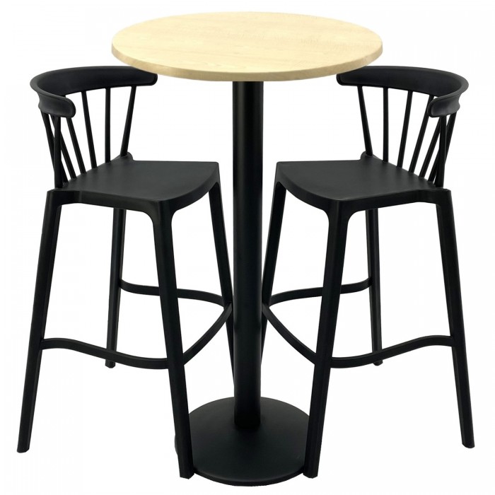 Set mobilier bar RAKI MAPLE, 2 scaune Aspen negre si masa inalta rotunda D60xh112cm cu blat werzalit si picior metalic negru