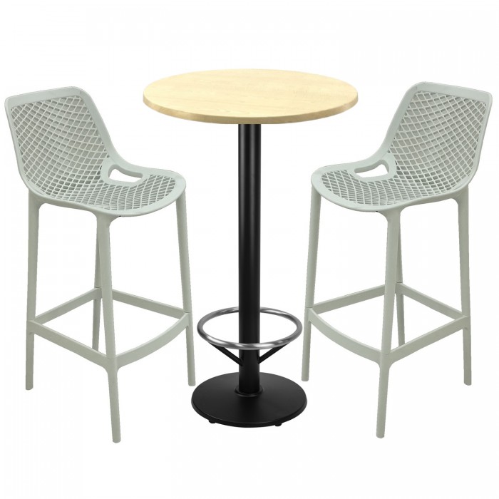Set mobilier bar RAKI MAPLE, 2 scaune London albe si masa inalta rotunda D60xh112cm cu blat werzalit si baza neagra metalica