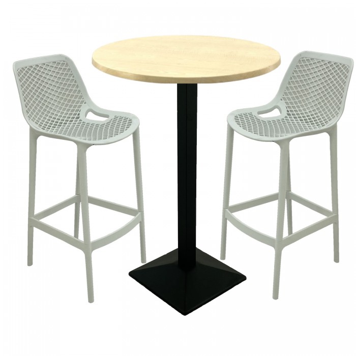 Set mobilier bar RAKI MAPLE, 2 scaune London albe si masa inalta rotunda D70xh112cm cu blat werzalit si baza metalica neagra