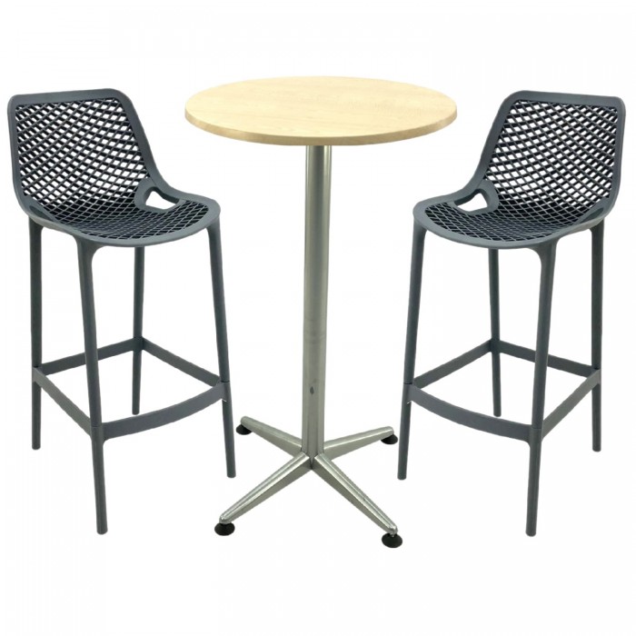 Set mobilier bar RAKI MAPLE, 2 scaune London gri si masa inalta rotunda D60xh107cm cu blat werzalit si picior metalic clasic