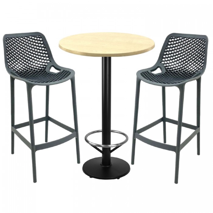 Set mobilier bar RAKI MAPLE, 2 scaune London gri si masa inalta rotunda D60xh112cm cu blat werzalit si baza neagra metalica